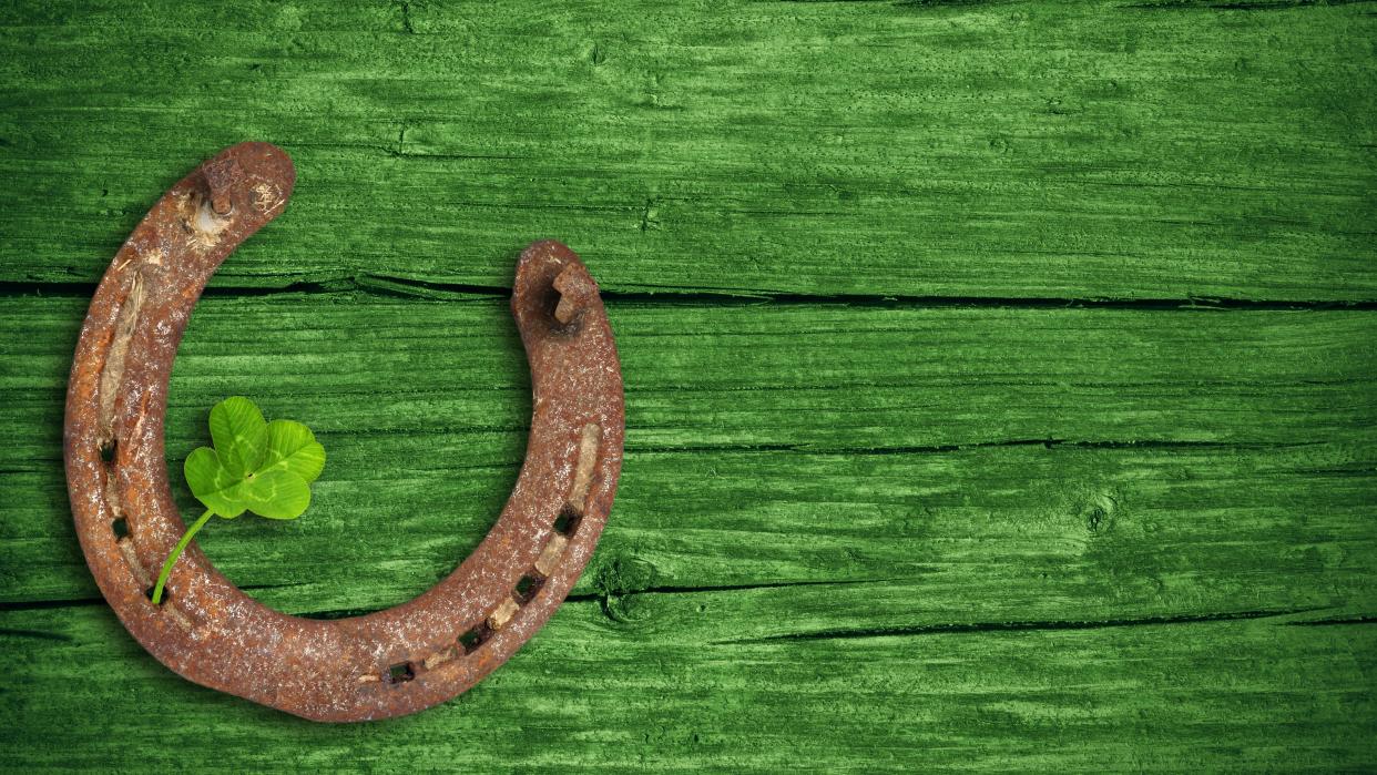  A horseshoe and clover leaf on a green wood background. 