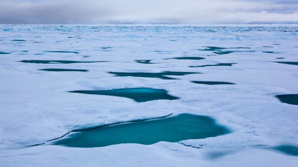 Hielo con pozos de agua oscura en el Estrecho de Fram