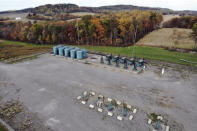 A photo taken from a drone shows a PennEnergy Resources LLC natural gas fracking well pad in Valencia, Pennsylvania, on Thursday, Oct. 15, 2020. President Trump accuses Joe Biden of wanting to ban fracking, a sensitive topic in the No. 2 natural gas state behind Texas. Biden insists he does not want to ban fracking broadly - he wants to ban it on federal lands and make electricity production fossil-fuel free by 2035. (AP Photo/Ted Shaffrey)