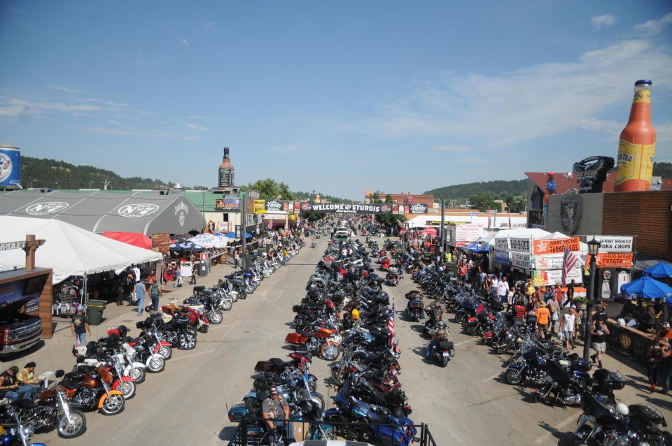 August 5, 2015: Motorcycles stretch down Main Street in Sturgis, S.D., for the landmark Sturgis Motorcycle Rally.  / Credit: James Nord / AP