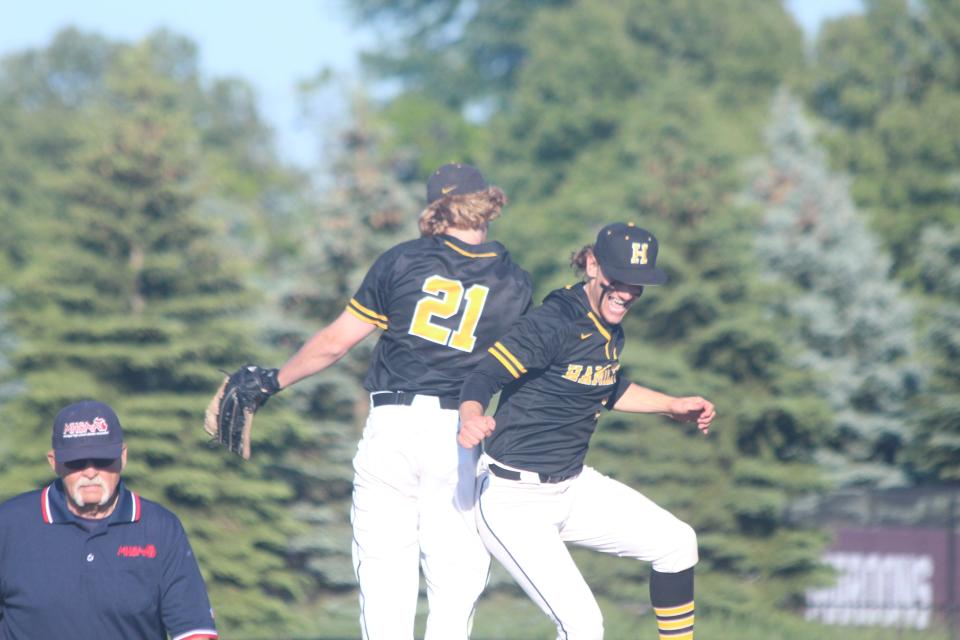 Hamilton's Thano Klett and Zach Boerman celebrate winning the regional semifinal on Thursday