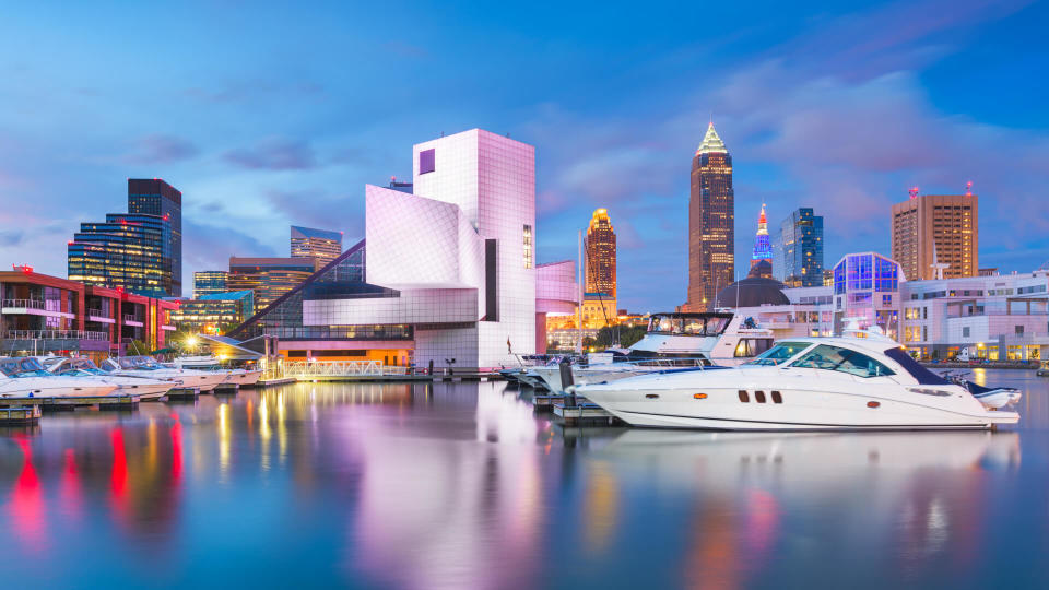 Cleveland, Ohio, USA downtown city skyline and harbor at twilight.