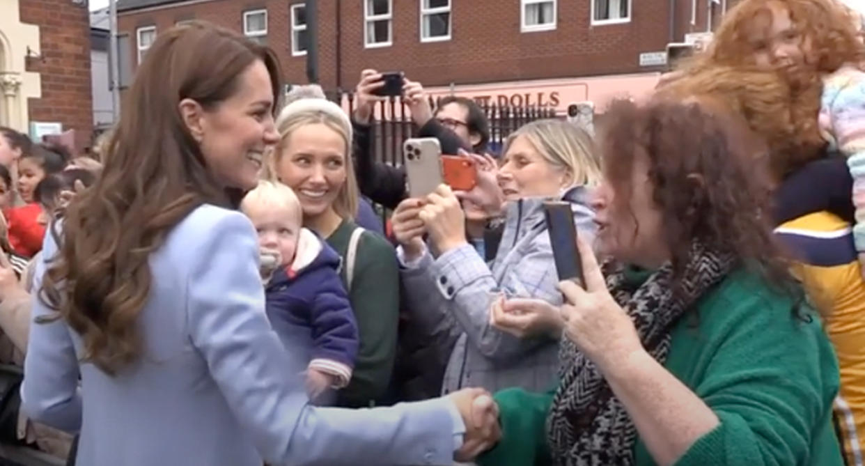 A photo of Kate Middleton at Belfast, Northern Ireland at a meet and greet when a woman sledged her in the crowd by suggesting she should not be visiting.