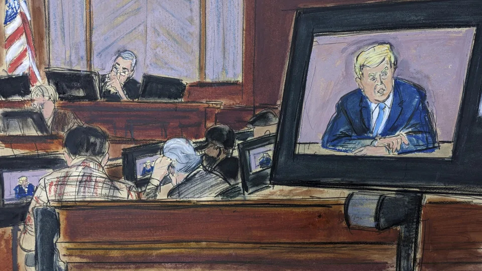 A courtroom sketch showing a screen playing a videotape of Donald Trump&#39;s deposition and the seated judge behind three open laptops, with a back view of the jury watching the tape on laptop screens.