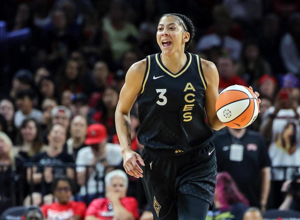 PHOTO: Candace Parker of the Las Vegas Aces brings the ball up the court against the Indiana Fever at Michelob ULTRA Arena in Las Vegas, NV, June 24, 2023. (Ethan Miller/Getty Images)