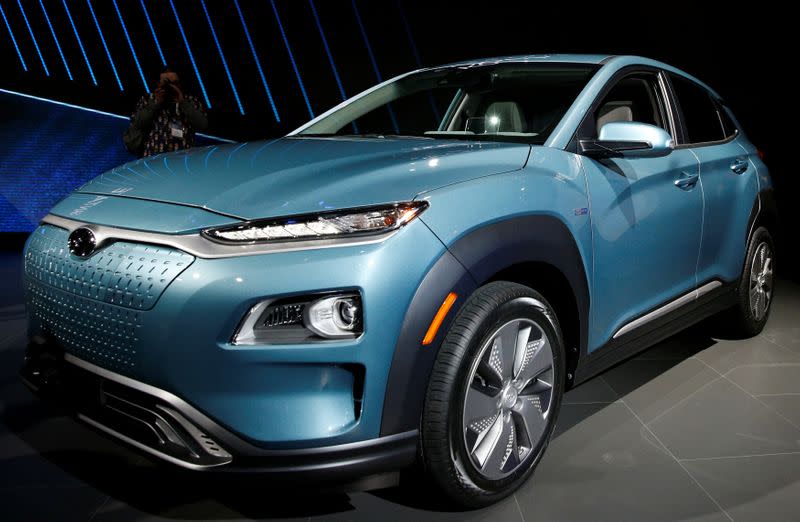 FILE PHOTO: 2019 Hyundai Kona Electric vehicle is displayed at the New York Auto Show in New York