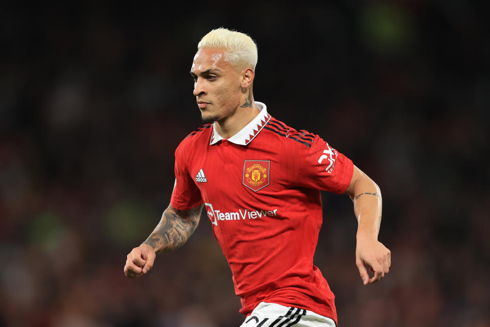 MANCHESTER, ENGLAND - OCTOBER 27: Antony of Manchester United in action during the UEFA Europa League group E match between Manchester United and Sheriff Tiraspol at Old Trafford on October 27, 2022 in Manchester, United Kingdom. (Photo by Simon Stacpoole/Offside/Offside via Getty Images)