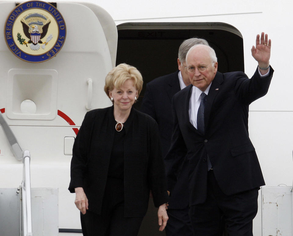 Cheney waves as he arrives in Tbilisi with his wife on September 4, 2008 for a meeting with Georgian President Mikheil Saakashvili (not pictured). Cheney, who arrived from neighboring Azerbaijan, was due to meet with Georgian President Mikheil Saakashvili before travelling on later in the day to Ukraine, part of a tour of US allies in the former Soviet Union. (ZVIAD NIKOLAISHVILI/AFP/Getty Images)