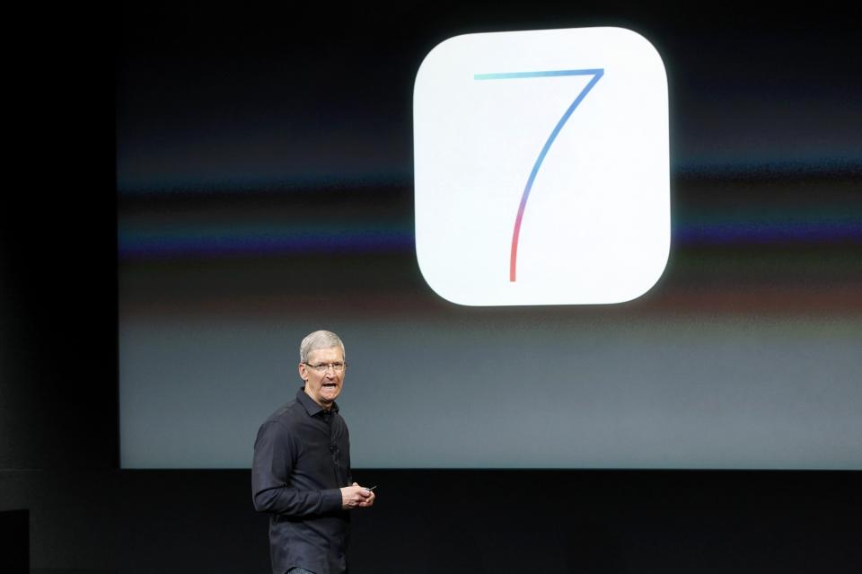 Apple Inc CEO Tim Cook speaks about the new iOS7 software during Apple Inc's media event in Cupertino, California September 10, 2013. (REUTERS/Stephen Lam)