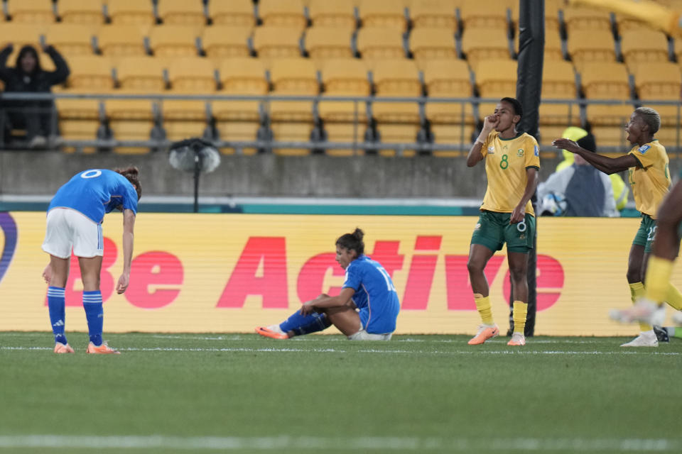 South Africa's Hildah Magaia, second from right, celebrates after scoring her side's second goal during the Women's World Cup Group G soccer match between South Africa and Italy in Wellington, New Zealand, Wednesday, Aug. 2, 2023. (AP Photo/Alessandra Tarantino)