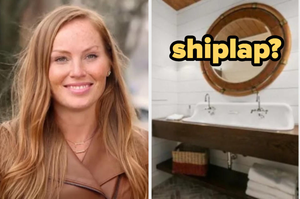 Photo one: a bathroom. Photo two: a woman making a claw-hand gesture with the word "Shiplap?"