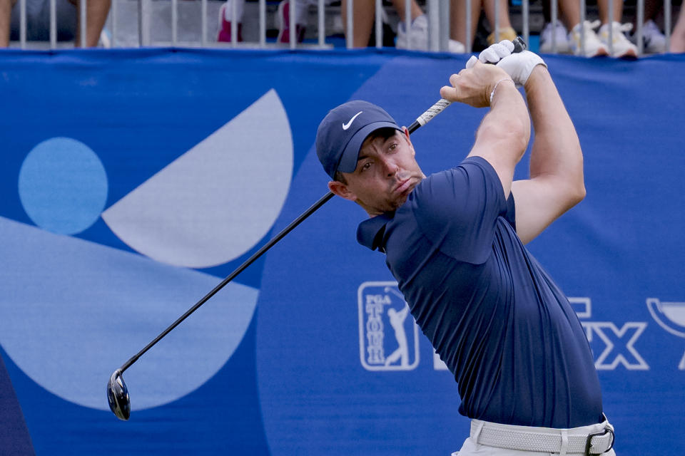 Rory McIlroy tees off on the first hole during the third round of the Zurich Classic golf tournament at TPC Louisiana in Avondale, La., Saturday, April 27, 2024. (AP Photo/Matthew Hinton)