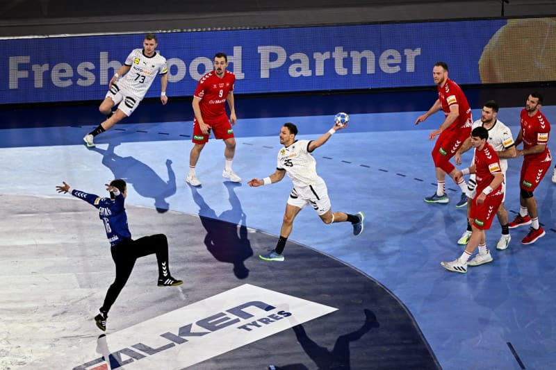 Germany's Kai Hafner (C) takes a shot against Switzerland goalkeeper Nikola Portner (L) during the European Handball Championship Group A match between Germany and Switzerland  at the Merkur Spiel-Arena. Tom Weller/dpa