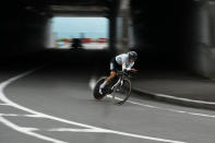 Margarita Victoria Garcia Canellas of Spain competes during the women's cycling individual time trial at the 2020 Summer Olympics, Wednesday, July 28, 2021, in Oyama, Japan. (AP Photo/Thibault Camus)