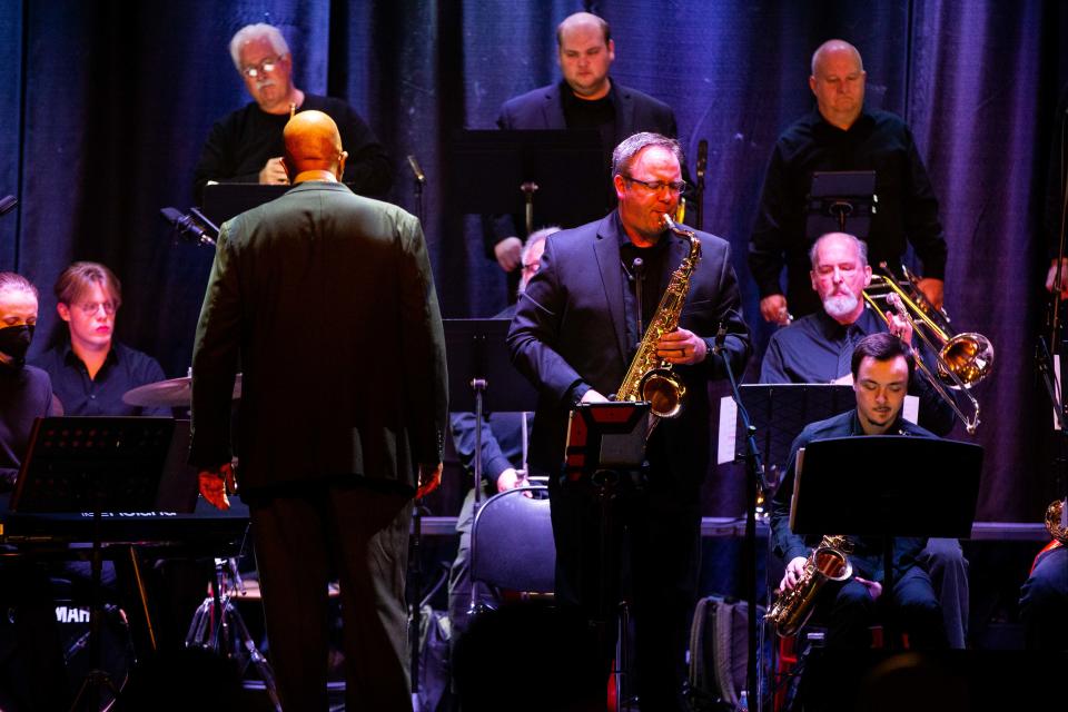 Soloists stand during the Holland Concert Jazz Orchestra performance on Sunday, Feb. 5, 2023, in Park Theatre in Holland.