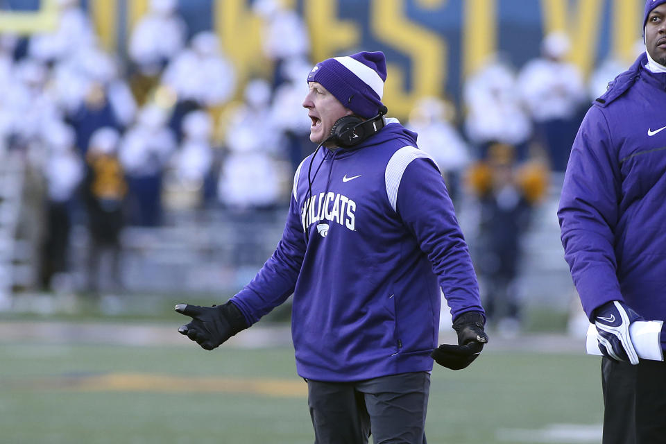 Kansas State coach Chris Klieman reacts during the second half of an NCAA college football game against West Virginia in Morgantown, W.Va., Saturday, Nov. 19, 2022. (AP Photo/Kathleen Batten)