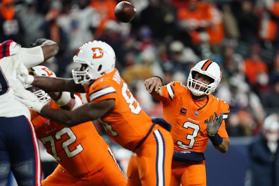 Denver Broncos quarterback Russell Wilson (3) throws during the second half of an NFL football game against the New England Patriots, Sunday, Dec. 24, 2023, in Denver. (AP Photo/Geneva Heffernan)