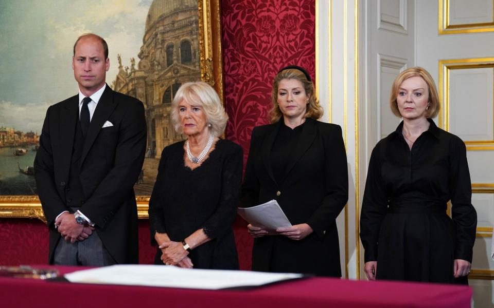 The Prince of Wales, Queen Camilla, Lord President of the Council Penny Mordaunt and Prime Minister Liz Truss during the Accession Council ceremony at St James's Palace on Saturday - Kirsty O'Connor/PA