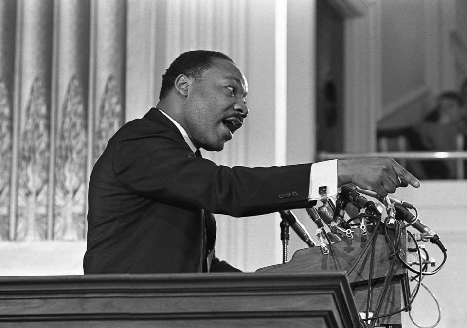 <div class="inline-image__caption"><p>Dr. Martin Luther King Jr. speaks from a lectern at the New York Avenue Presbyterian Church, Washington DC, Feb. 6, 1968. Dr. King, invited to the church as the national co-chair for the 'Clergy and Laymen Concerned About Vietnam,' spoke about ending the war in Vietnam.</p></div> <div class="inline-image__credit">Joseph Klipple/Getty Images</div>