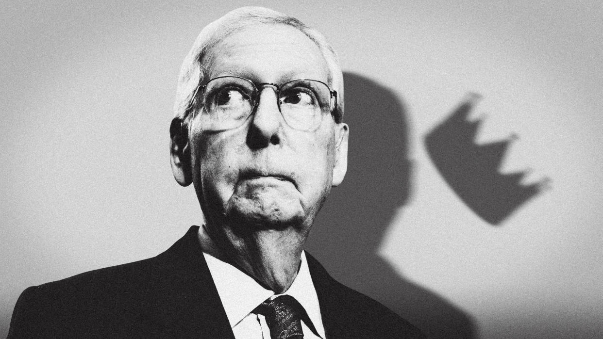  Mitch McConnell with the silhouette of a crown falling from his head. 