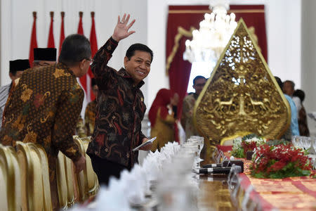 The speaker of Indonesia's parliament, Setya Novanto, waves before meeting with Indonesian President Joko Widodo at the Presidential Palace in Jakarta, Indonesia March 14, 2017 in this photo taken by Antara Foto. Antara Foto/Puspa Perwitasari via REUTERS