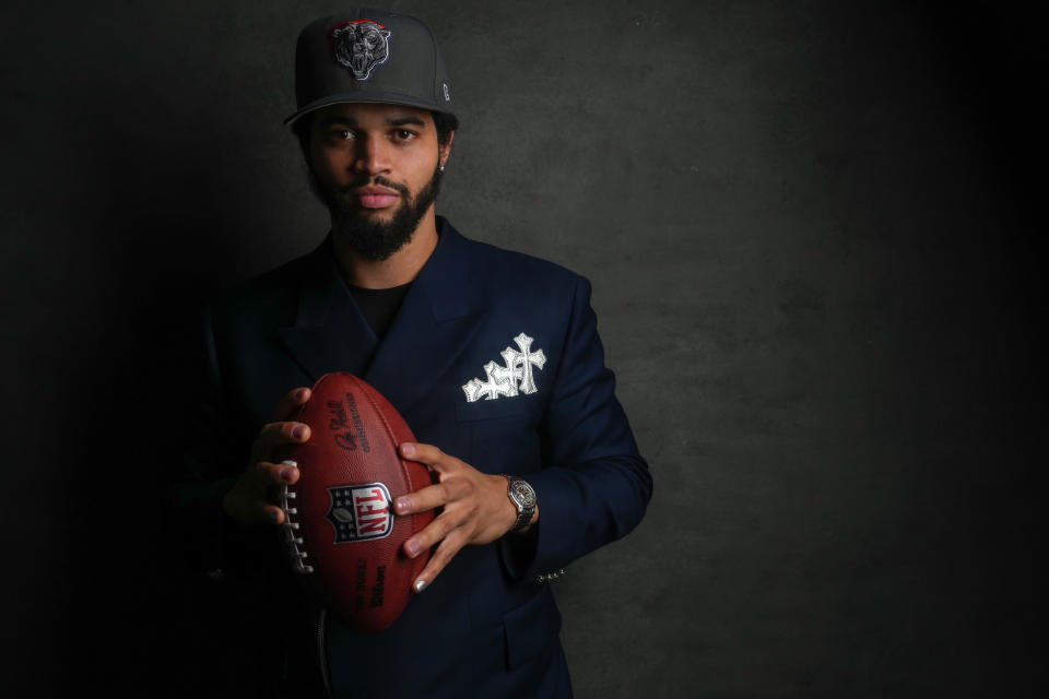 caleb williams outfit, DETROIT, MI - APRIL 25: Quarterback Caleb Williams of USC poses for portraits after being selected first overall in the 2024 NFL draft on April 25, 2024 in Detroit Michigan. (Photo by Todd Rosenberg/Getty Images)