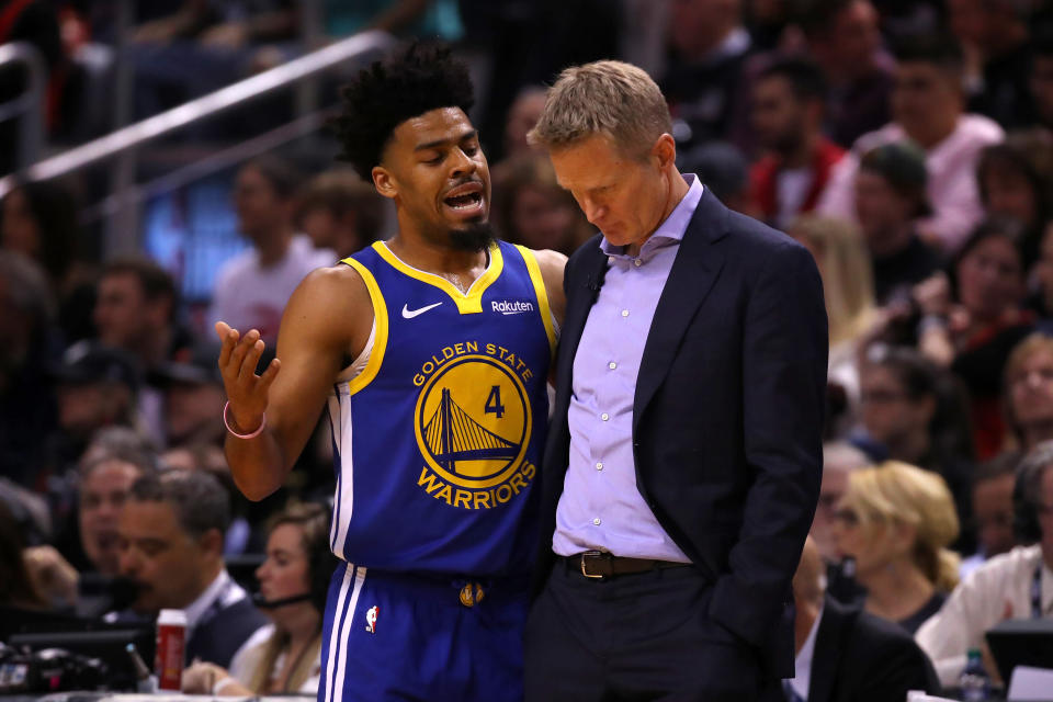 TORONTO, ONTARIO - MAY 30: Quinn Cook #4 of the Golden State Warriors speaks to head coach Steve Kerr in the second quarter against the Toronto Raptors during Game One of the 2019 NBA Finals at Scotiabank Arena on May 30, 2019 in Toronto, Canada. NOTE TO USER: User expressly acknowledges and agrees that, by downloading and or using this photograph, User is consenting to the terms and conditions of the Getty Images License Agreement. (Photo by Gregory Shamus/Getty Images)