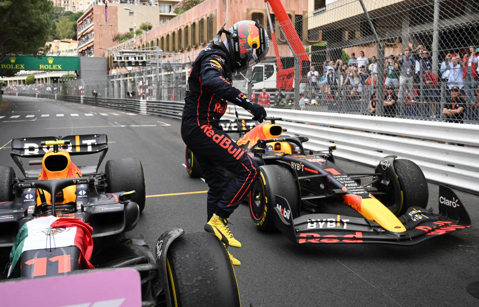 Formula One F1 - Monaco Grand Prix - Circuit de Monaco, Monte Carlo, Monaco - May 29, 2022 Red Bull's Sergio Perez celebrates after winning the race Pool via REUTERS/Christian Bruna