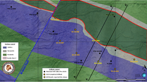 Drill hole location map, surface geology and surface trace of Eureka Zone 2 mineralization.