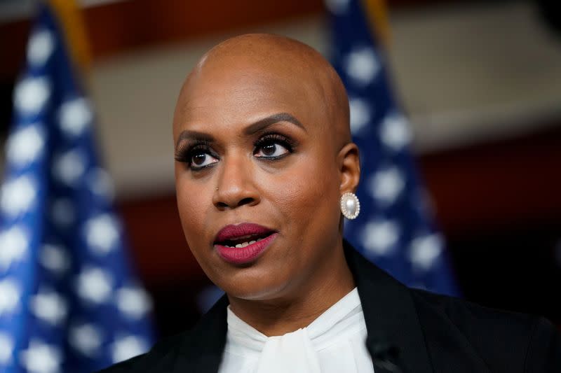 U.S. Representative Ayanna Pressley speaks to reporters in Washington