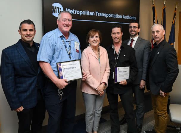 PHOTO: Metro-North President and Long Island Rail Road Interim President Catherine Rinaldi, center, poses for a photo after awarding commendations, April 25, 2023, to five employees involved in a daring rescue of a three-year-old boy. (Metropolitan Transit Authority)