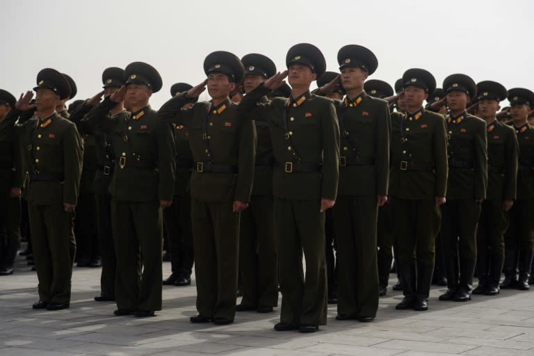 Korean People's Army soldiers pay their respects