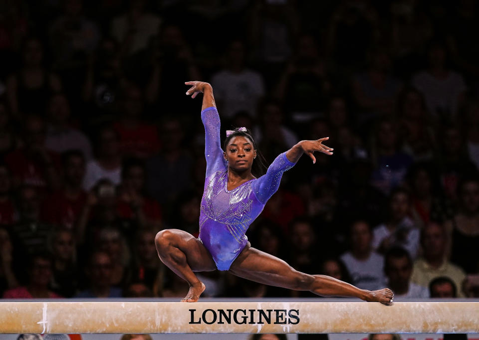 Simone Biles of United States of America  during balance beam for women at the 49th FIG Artistic Gymnastics World Championships in  Hanns Martin Schleyer Halle in Stuttgart, Germany on October 13, 2019. (Photo by Ulrik Pedersen/NurPhoto via Getty Images)