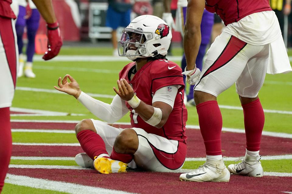 Arizona Cardinals quarterback Kyler Murray 1, has a zen moment after scoring a touchdown against the Minnesota Vikings during a football game Sunday, Sept 19, 2021, in Glendale, AZ.