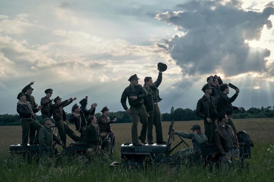 A scene from World War II drama “Masters of the Air,” executive produced by Steven Spielberg, Tom Hanks and Gary Goetzman. The nine-episode limited series premieres Jan. 26, 2024, on Apple TV+.