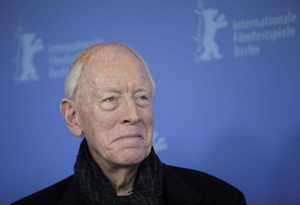 FILE - In this Feb. 10, 2012 file photo, actor Max von Sydow poses at the photo call for the film Extremely Loud and Incredibly Close during the 62 edition of International Film Festival Berlinale, in Berlin. The cast of “Star Wars: Episode VII” was announced Tuesday, Aril 29, 2014, on the official “Star Wars” website by Lucasfilm. Actors Adam Driver, Oscar Isaac, John Boyega, Daisy Ridley, Domhnall Gleeson and von Sydow will be joining the cast. (AP Photo/Gero Breloer, File)