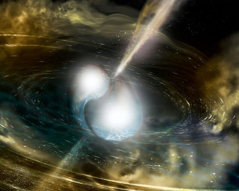 An artist's illustration of two neutron stars merging, creating a gamma-ray burst (A. Simonnet)