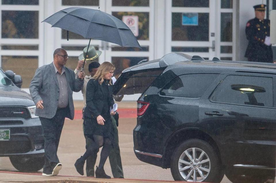 Jackson County Prosecutor Jean Peters Baker is seen leaving a visitation for fallen Independence police officer Cody Allen at Community of Christ Auditorium on Thursday, March 7, 2024, in Independence. Allen, 35, a husband and father of two children, was shot and killed last Thursday during an eviction in Independence.