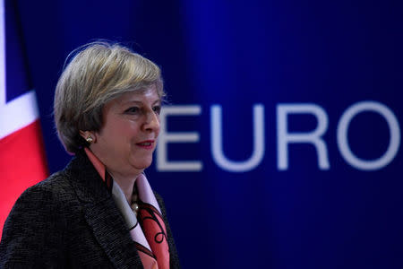 Britain's Prime Minister Theresa May arrives for a news conference during the EU Summit in Brussels, Belgium, March 9, 2017. REUTERS/Dylan Martinez