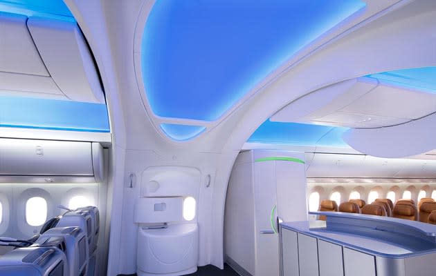 Boeing Introduces New Entryway on 787 Dreamliner The interior designers for the Boeing 787 Dreamliner understand fully that first impressions can be everlasting. Therefore, they've designed a larger, more open entryway with sweeping arches that immediately direct the eye upward.