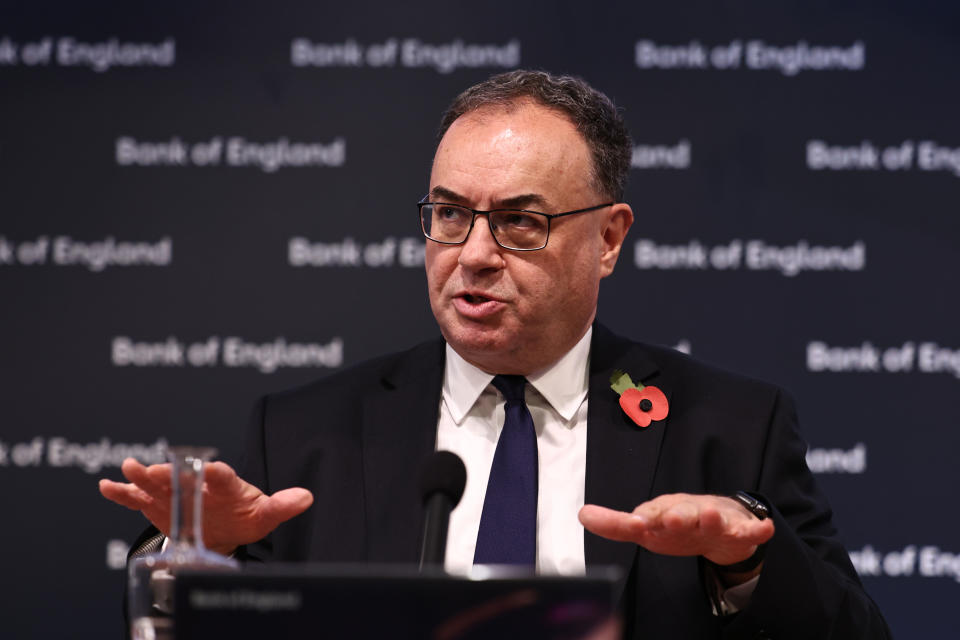 Governor of the Bank of England Andrew Bailey addresses the media during a press conference concerning interest rates, at the Bank of England on November 2, 2023 in London, England. The Bank of England held its key interest rate at 5.25 percent, a day after the Federal Reserve also froze borrowing costs as global inflation retreats. The BoE had already kept its rate steady at the central bank's previous monetary policy meeting in September, snapping a streak of 14 hikes in a row. (Photo by Henry Nicholls - WPA Pool/Getty Images)