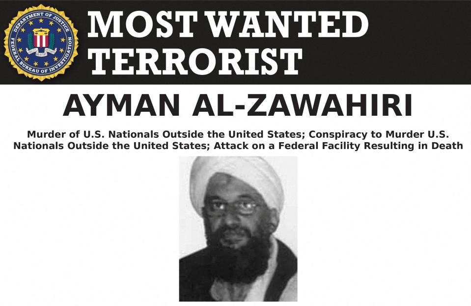 恐怖組織蓋達已故首腦薩瓦里的美國聯邦調查局（FBI）通緝海報。（路透社）