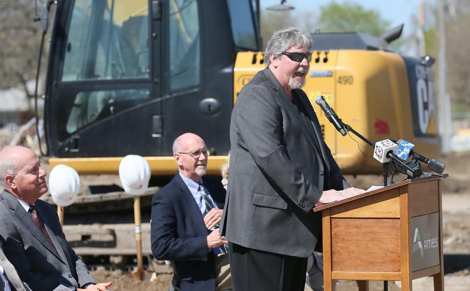 Rich Fitch speaks on behalf of the Fitch Family during a groundbreaking ceremony for the Fitch Family Indoor Aquatic Center at 115 N. Elm Ave. on Wednesday, April 24, 2024, in Ames, Iowa.