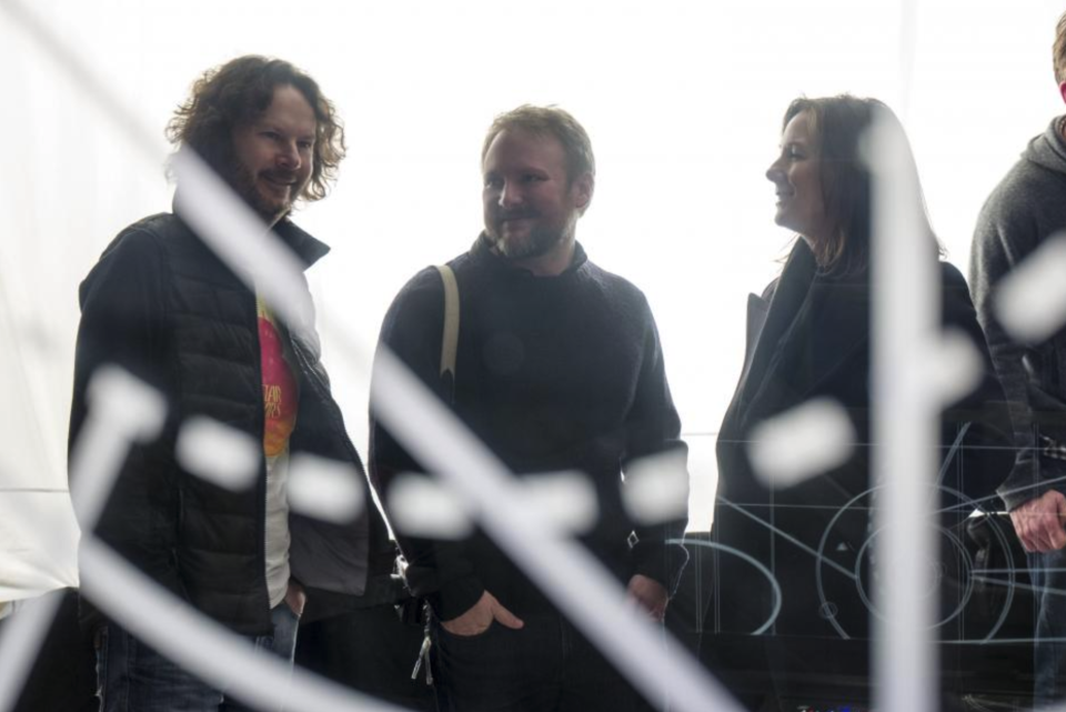 Producer Ram Bergman, left, writer-director Rian Johnson, and Lucasfilm president Kathleen Kennedy on the set of “Star Wars: The Last Jedi.” (Photo: Lucasfilm)