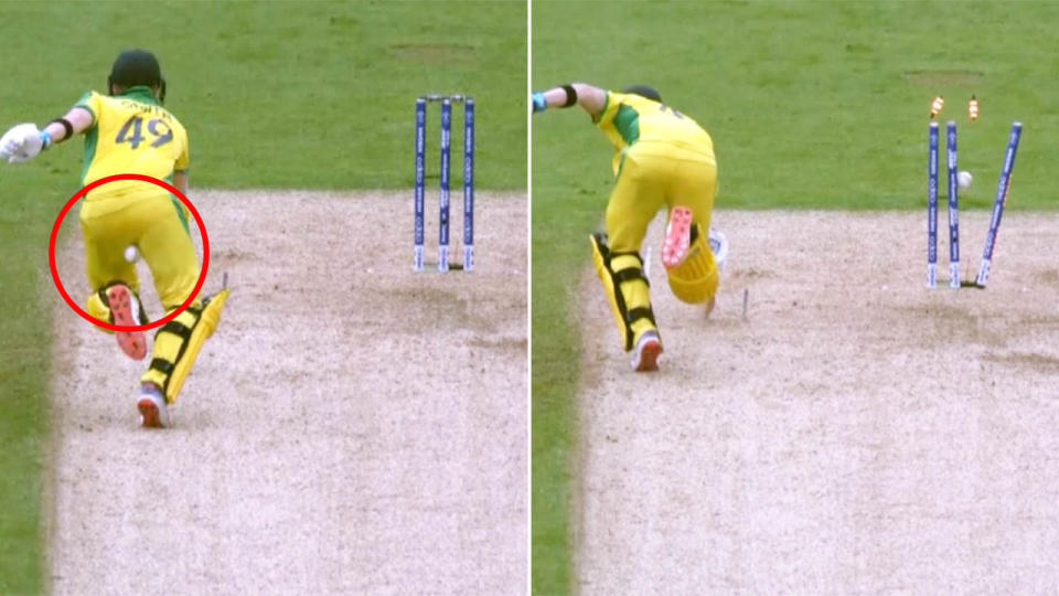 The ball actually went through Steve Smith's legs and onto the stumps to run him out. Image: ICC