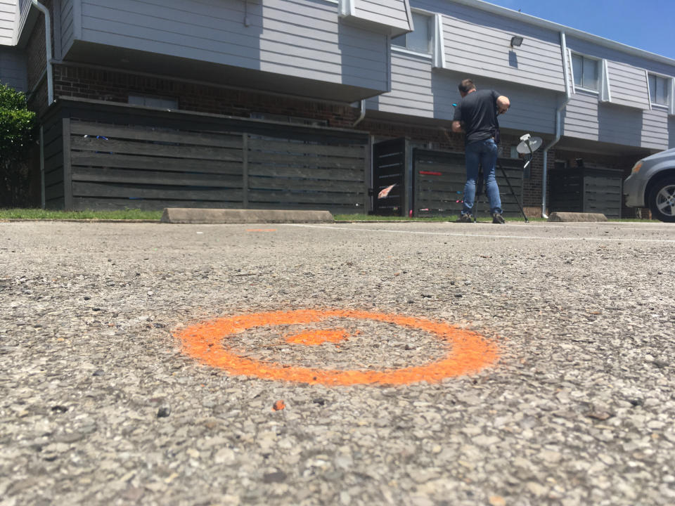 FILE - Spray paint marks the spot at a Houston-area apartment complex in Baytown, Texas, on May 14, 2019, where police say an officer shot and killed a Black woman, Pamela Turner, after she hit him with his Taser during a struggle, shocking him. On Tuesday, Oct. 11, 2022, Juan Delacruz, a Texas police officer, was acquitted of an assault charge related to the fatal shooting. (AP Photo/John Mone, File)