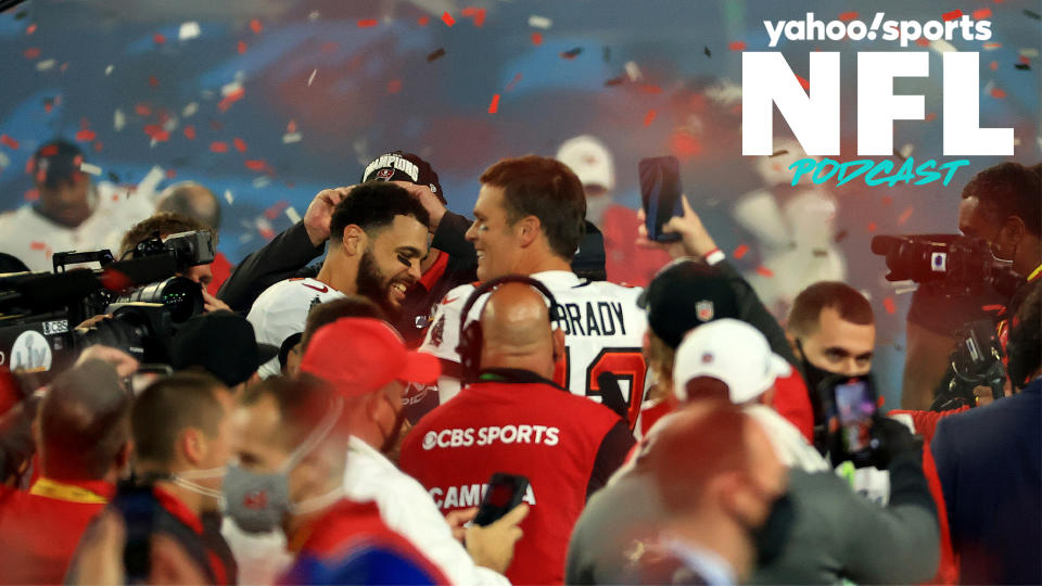 Tom Brady celebrates winning Super Bowl LV on Sunday amid a sea of confetti and press. (Photo by Mike Ehrmann/Getty Images)