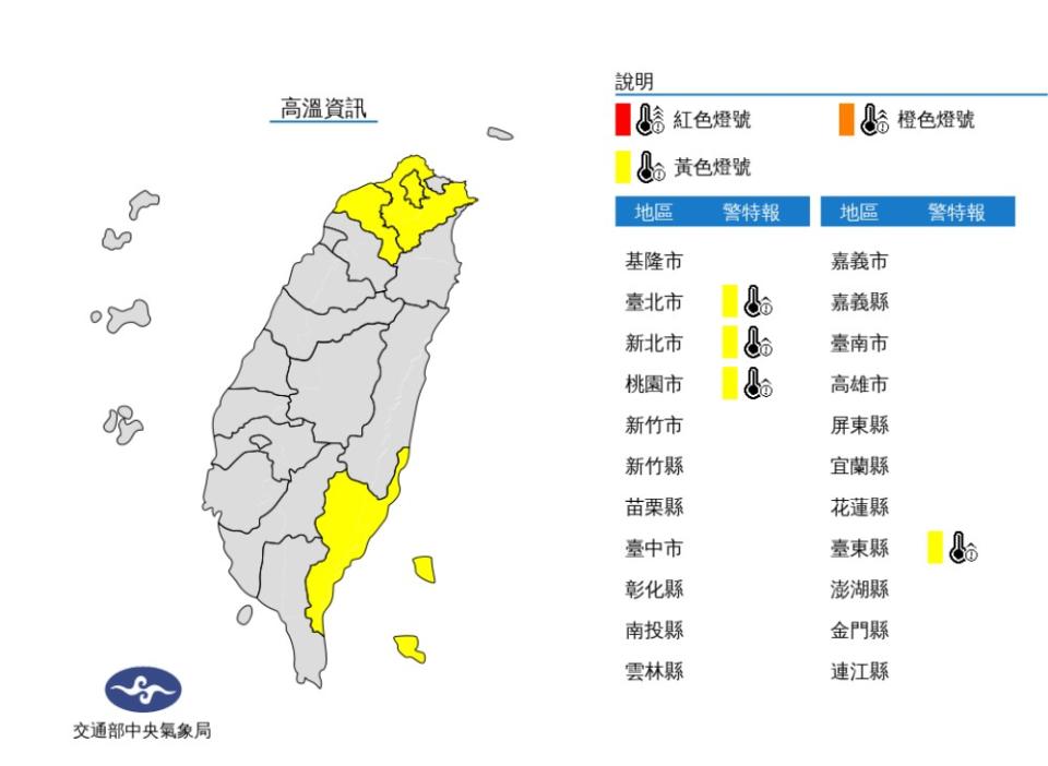 東北部今日天氣悶熱，氣象局也發出高溫黃色燈號。（圖／中央氣象局）