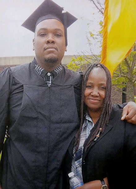 PHOTO: This undated photo shows Mark Talley posing at his college graduation with his mother, Geraldine 'Gerri' Talley, who was killed in the May 14, 2022, racially motivated mass shooting at a Tops store in Buffalo, New York. (Courtesy of Mark Talley)