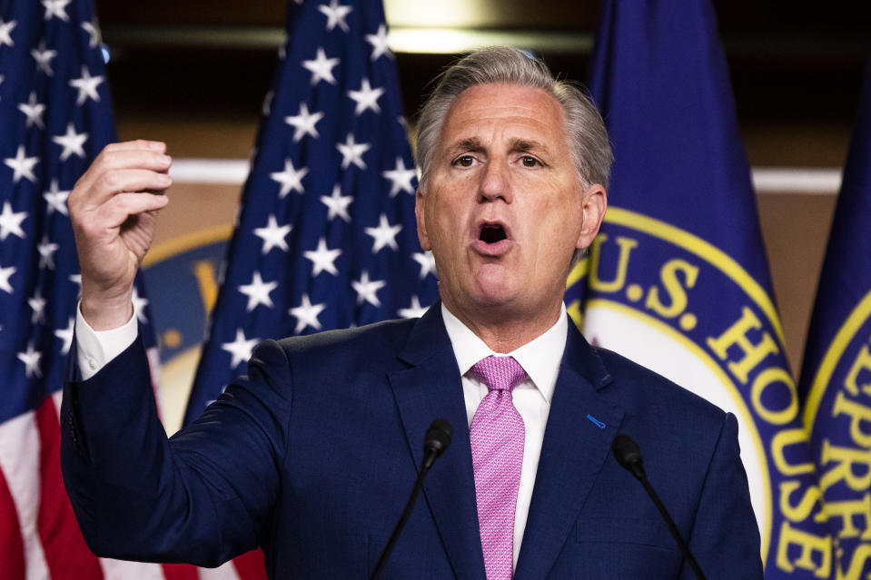 House Minority Leader Kevin McCarthy of Calif. speaks during a news conference on Capitol Hill, Thursday, May 7, 2020, in Washington. (AP Photo/Manuel Balce Ceneta)